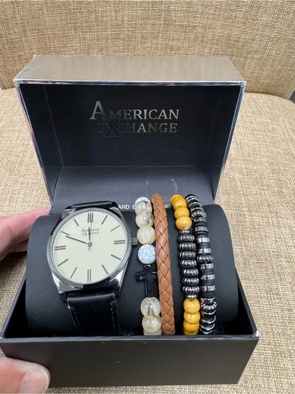 American Exchange Watch & Bracelet Set, Black Strap, Braided Cross, Wood